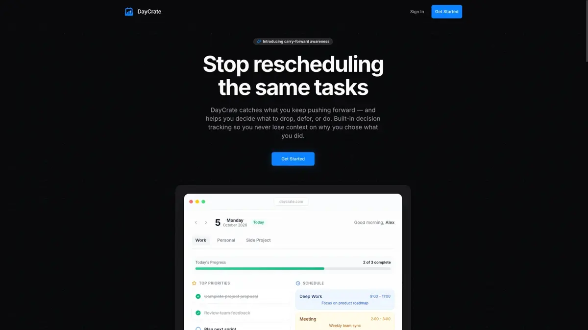 Daycrate public homepage with a preview of its daily planning dashboard