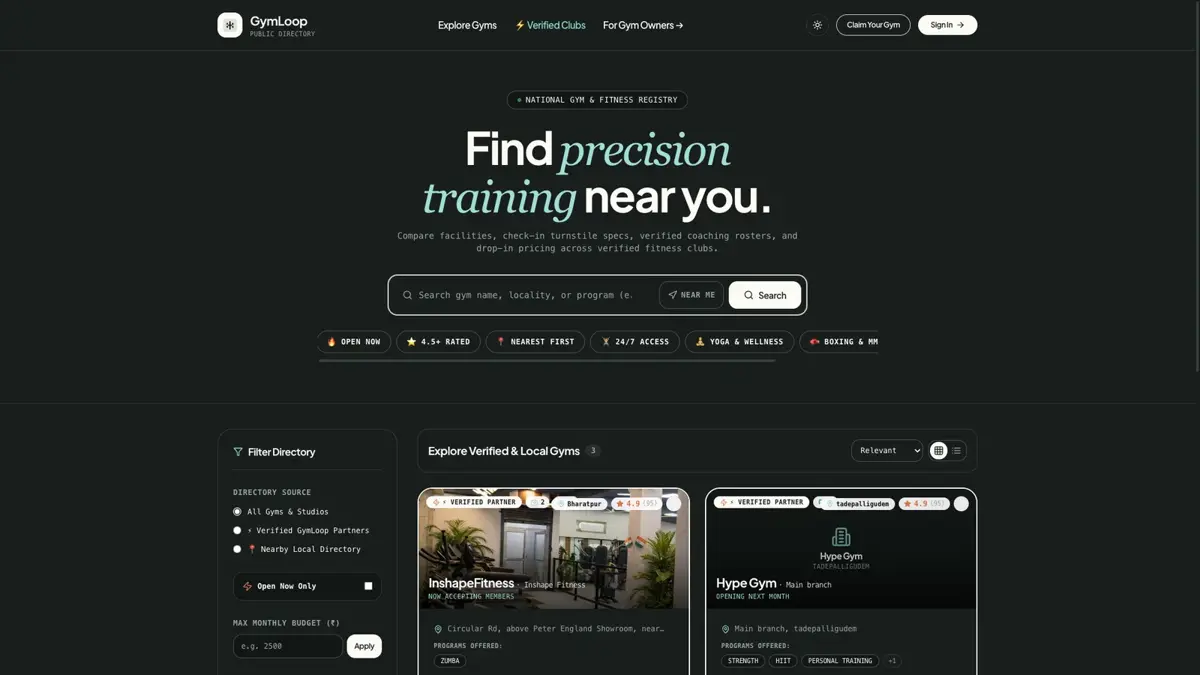 GymLoop public gym directory with search and membership filters
