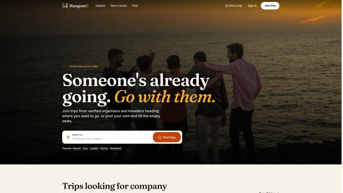 HangoutU trip discovery page with destination search